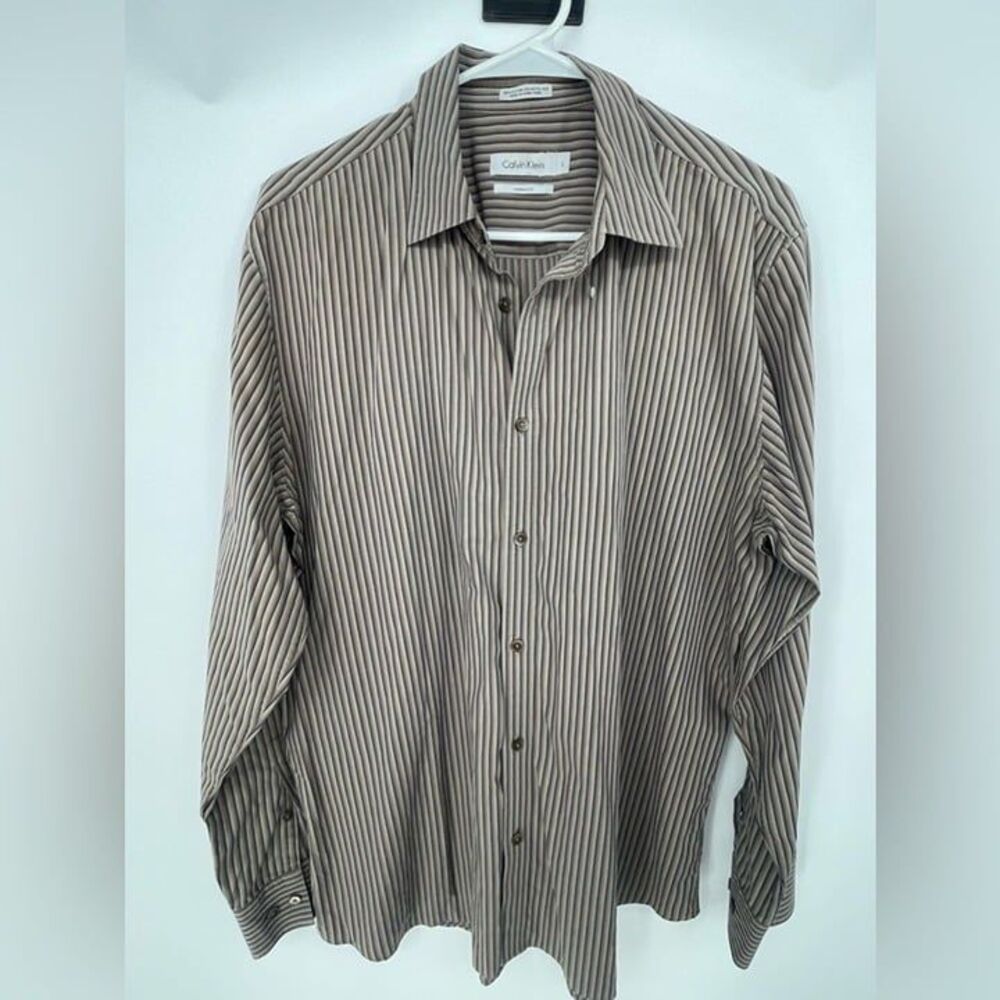 Calvin Klein large brown modern fit striped shirtbutton down‎